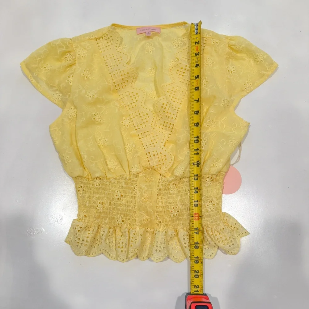 NWT Rose and Grey Yellow Eyelet Floral Lace Top Smocked Waist Sheer Size Medium - Picture 4 of 7